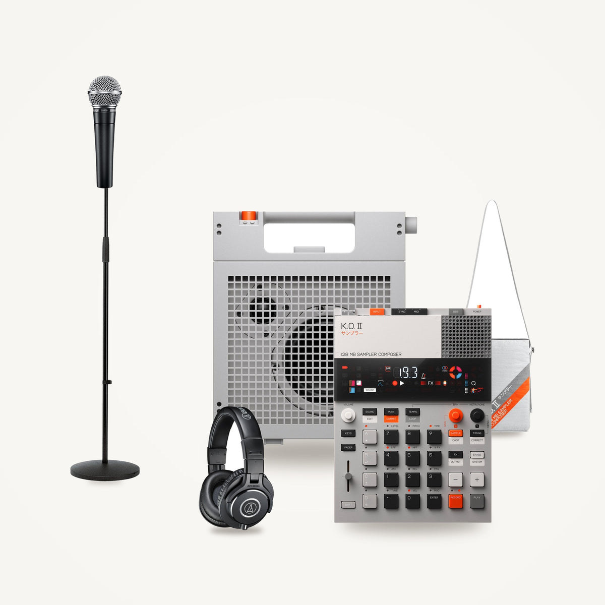 Teenage Engineering EP-35 K.O. AMP, EP-133 K.O. II with soft bag, Shure SM58 on a K&M 260/1 stand and Audio-Technica ATH-M40x headphones