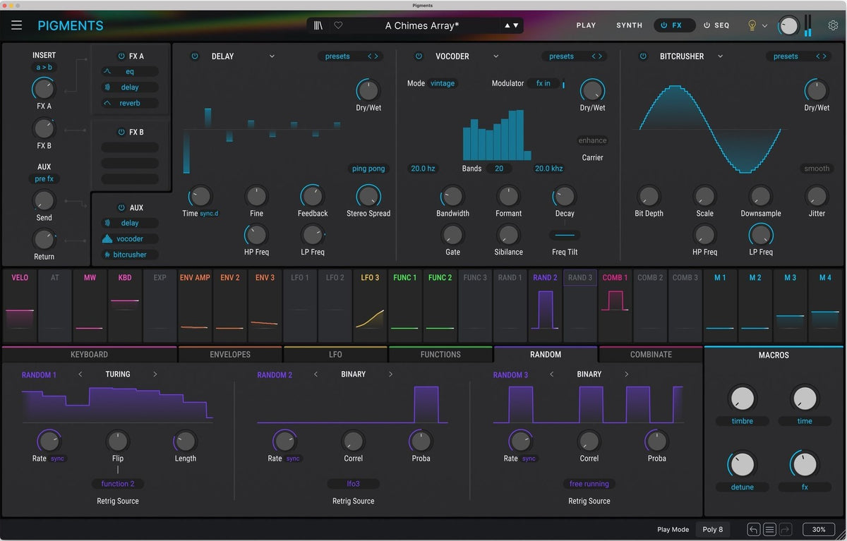 Arturia Pigments 6 music production software interface displaying various effects and modulation options on a digital screen.