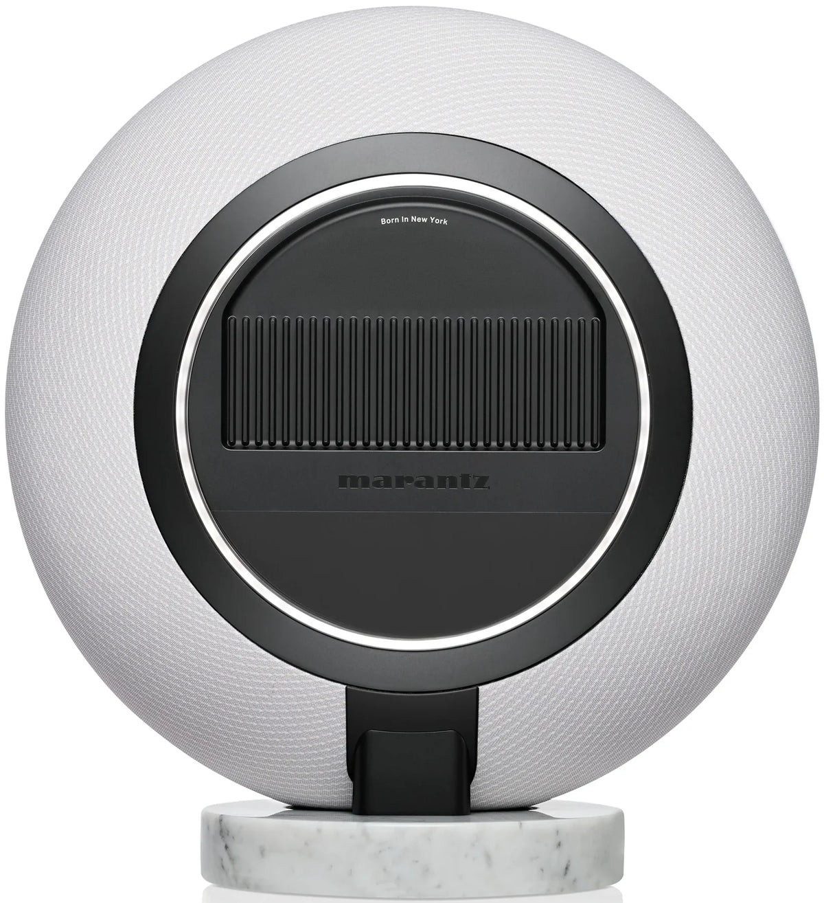 Marantz Horizon Grand wireless speakers with sleek design and rear connection ports, showcasing modern audio equipment.