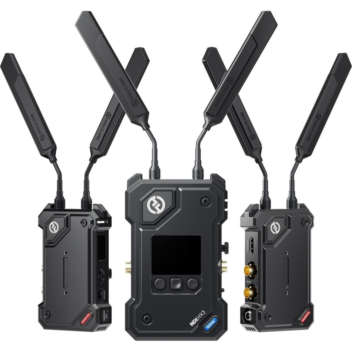 Hollyland Cosmo C2 wireless video transmission system with 2 transmitters and 1 receiver, used for professional video broadcasting.