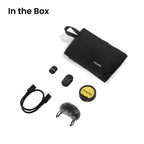 Insta360 Mic Pro Transmitter in the box: transmitter, cable, magnet, clip, windshield and pouch