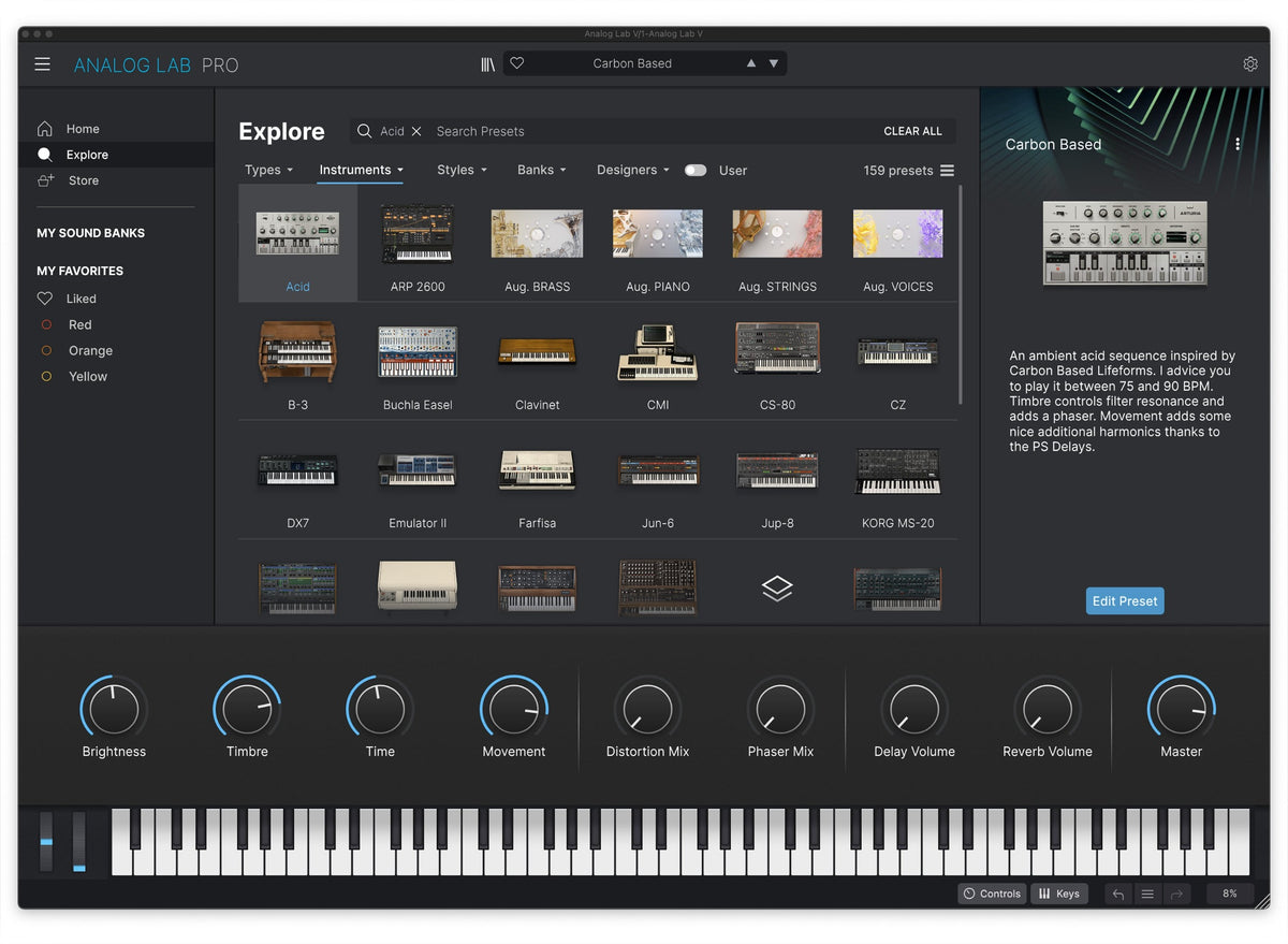 Arturia Analog Lab Pro music production software interface showing various virtual synthesizer and keyboard controls.