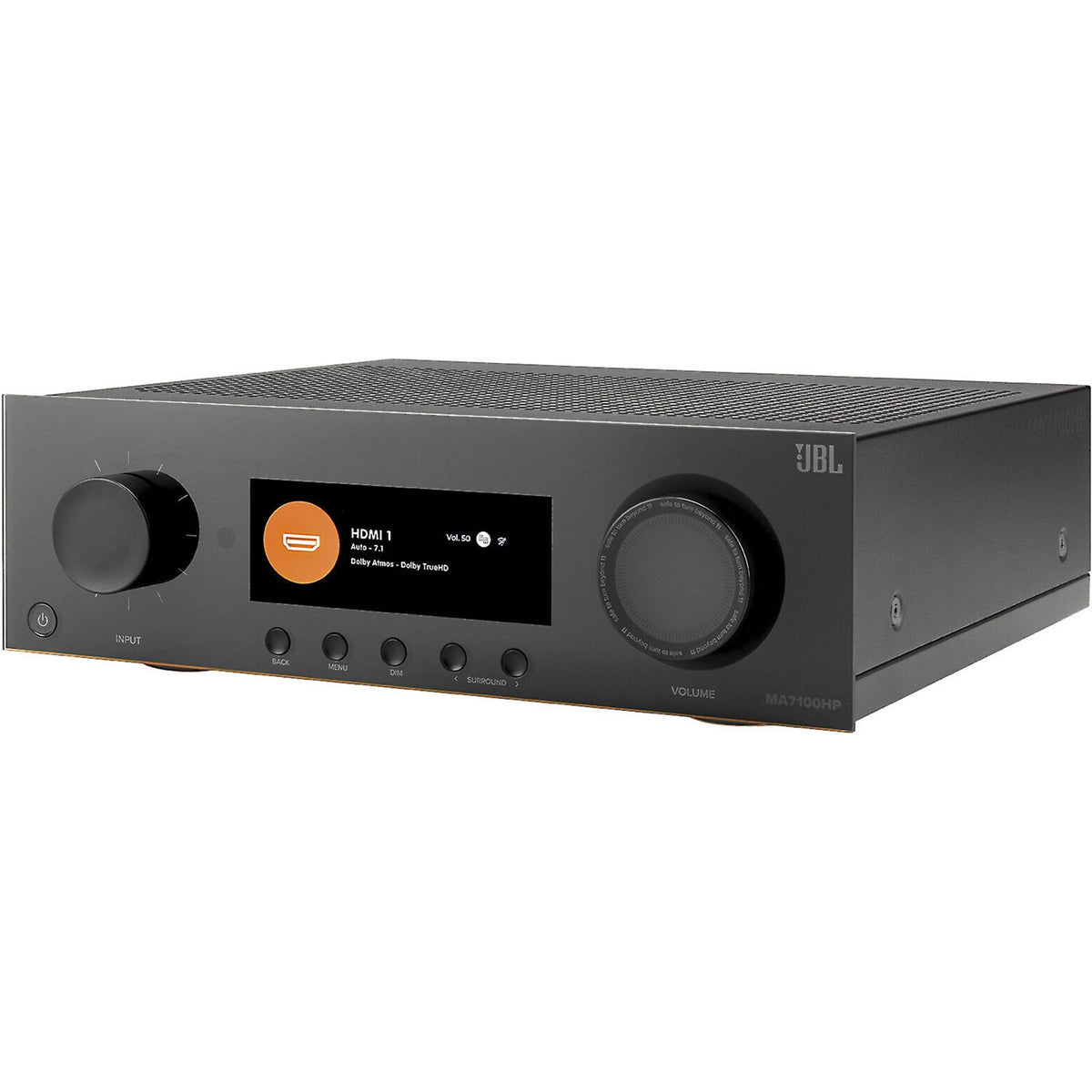 JBL MA7100HP stereo amplifier with sleek black design and control knobs, showcasing high-performance audio equipment.