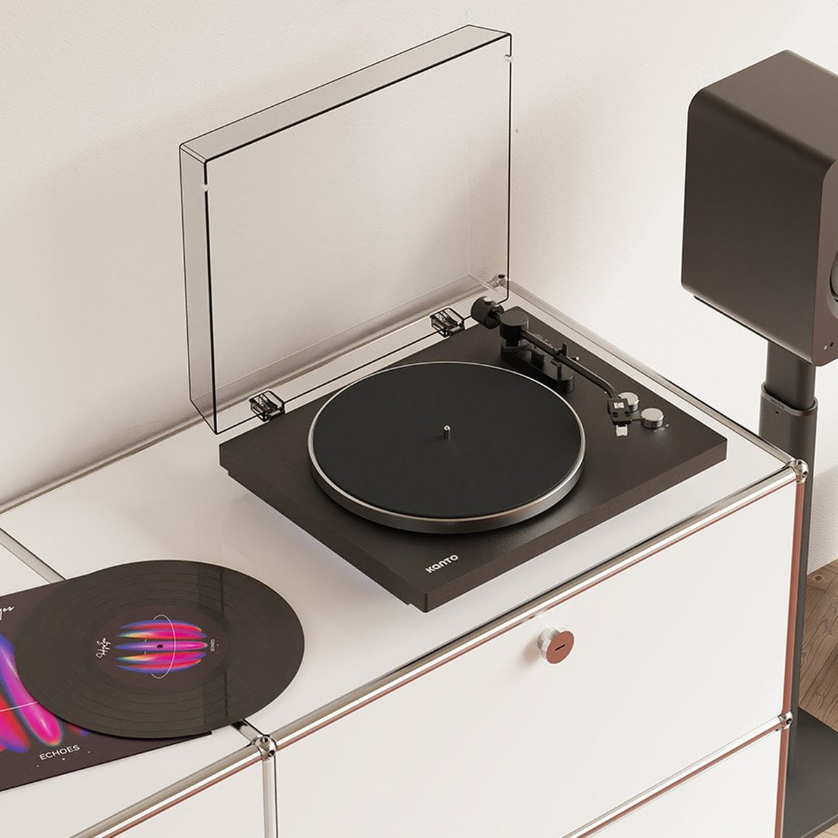Kanto Audio OBI3 Gen 2 turntable, Black, in a living-room hi-fi setup
