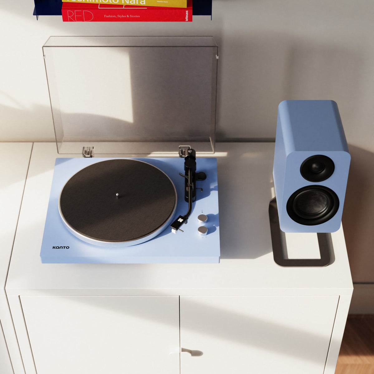 Kanto Audio OBI3 Gen 2 turntable, Ice Blue, lifestyle shot