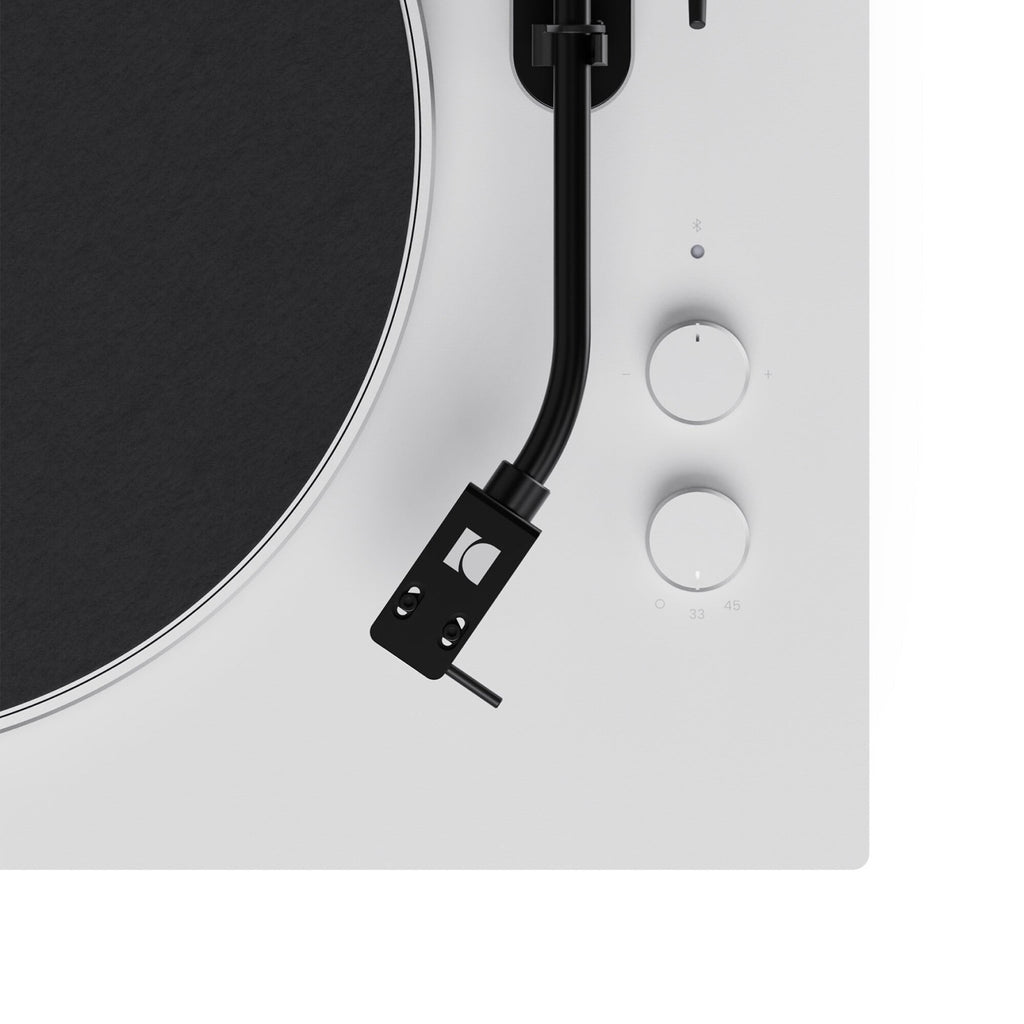 Kanto Audio OBI3 Gen 2 turntable, White, close-up of tonearm and start/speed buttons