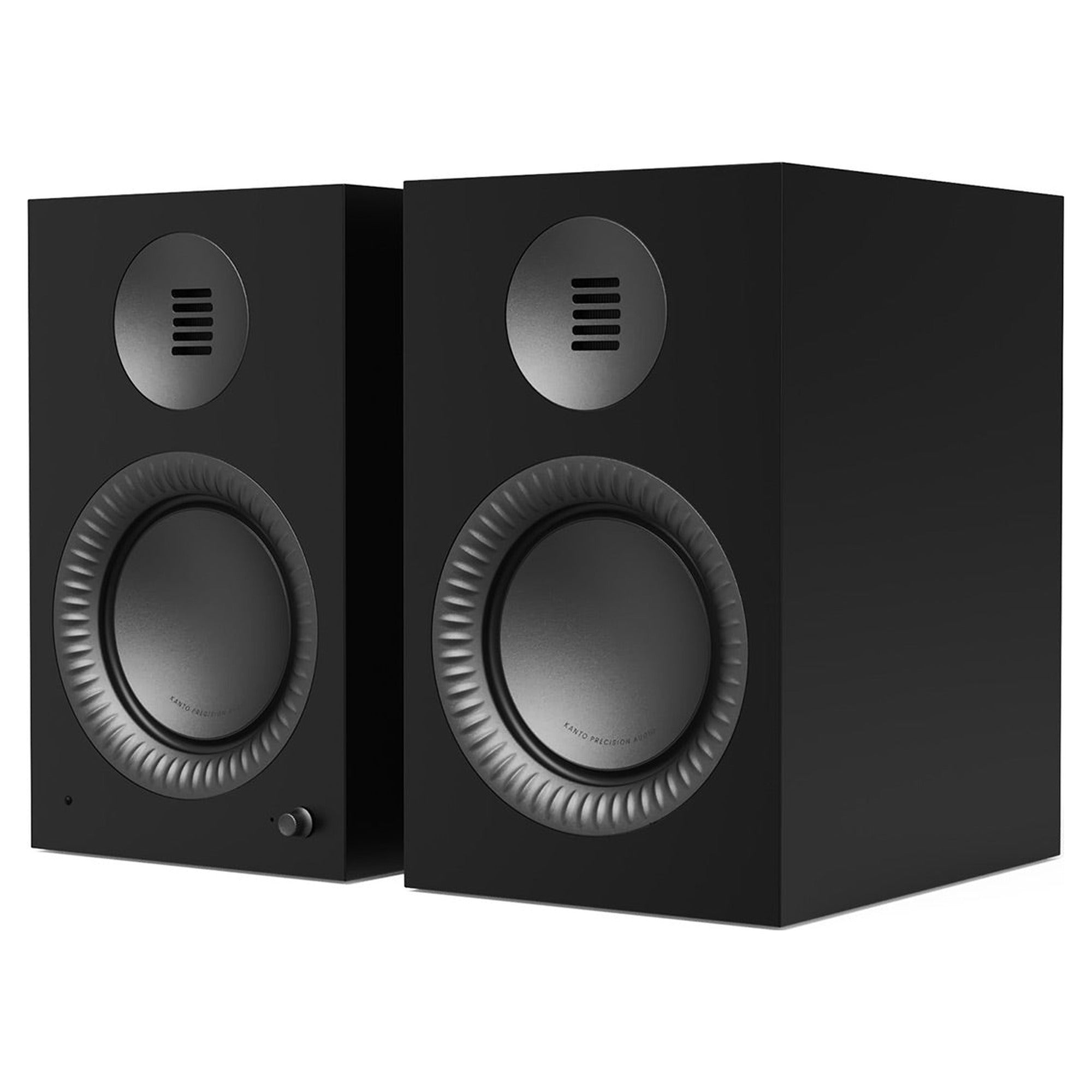 Kanto Audio TUK Grand powered speakers in Matte Black, three-quarter view of the pair