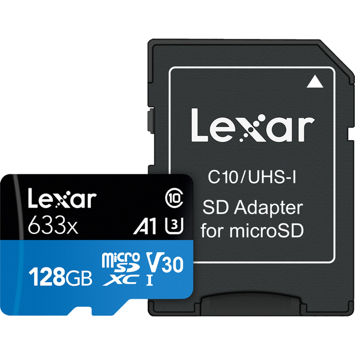 Lexar 633X microSDHC/SDXC V30 memory card with adapter, 128GB storage, fast R95/W45 speeds, ideal for portable devices.