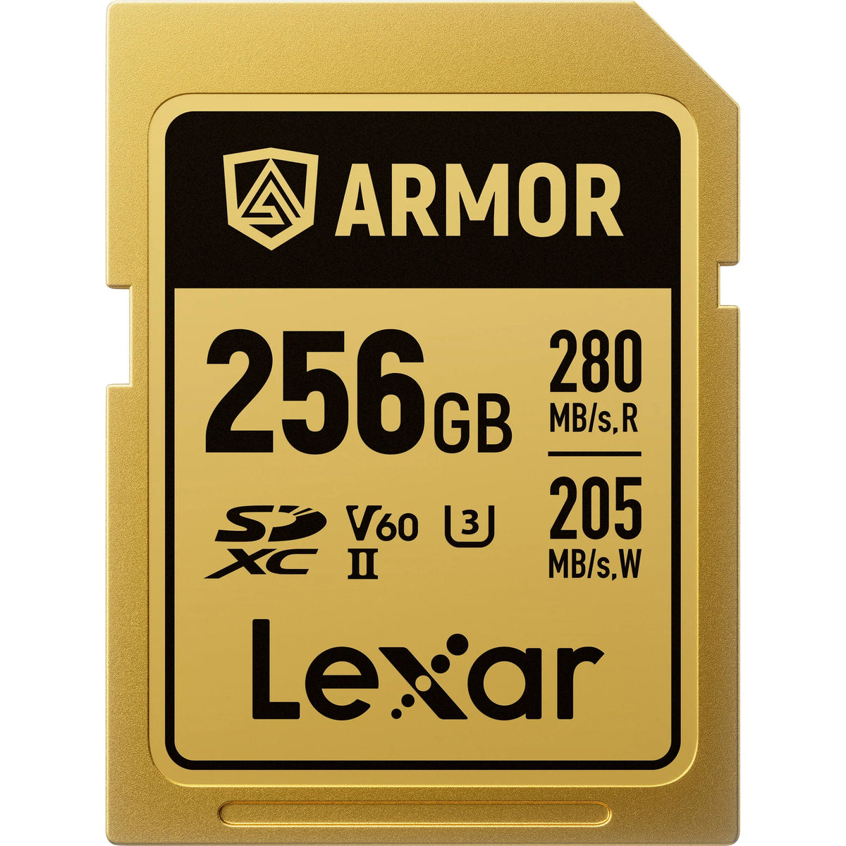 Lexar SDXC ARMOR Gold UHS-II U3, Stainless Steel, IP68 R280/W210 (V60) Memory Card, detail view.