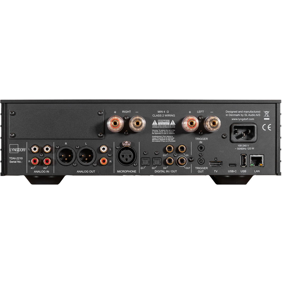 Lyngdorf TDAI-2210 stereo amplifier with RoomPerfect room calibration technology, featuring a sleek integrated design.