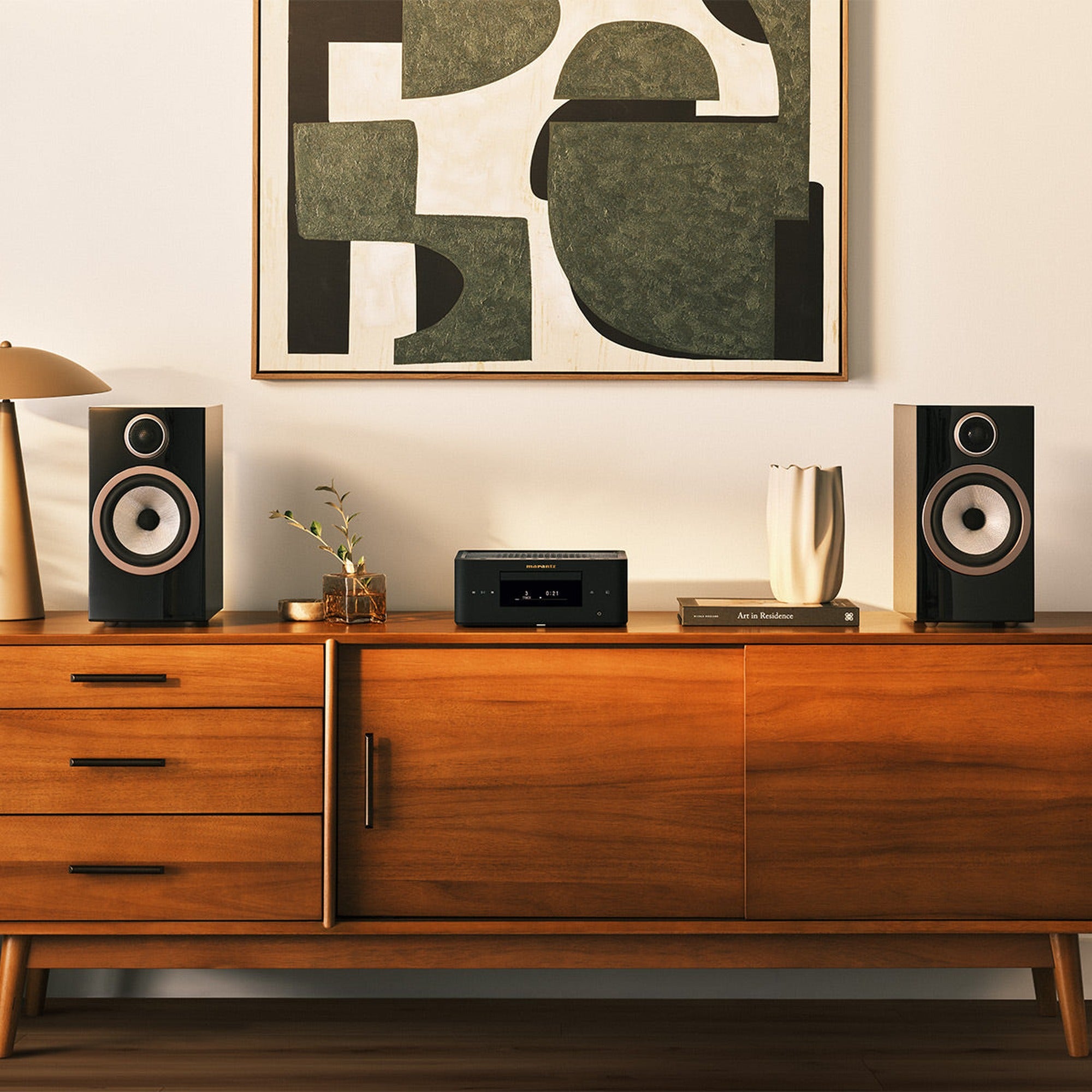 Marantz MCR 60n DAB with bookshelf speakers on a walnut sideboard