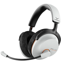 Beyerdynamic MMX 230 Wireless gaming headphones in white, showing over-ear design and adjustable headband from a side perspective.