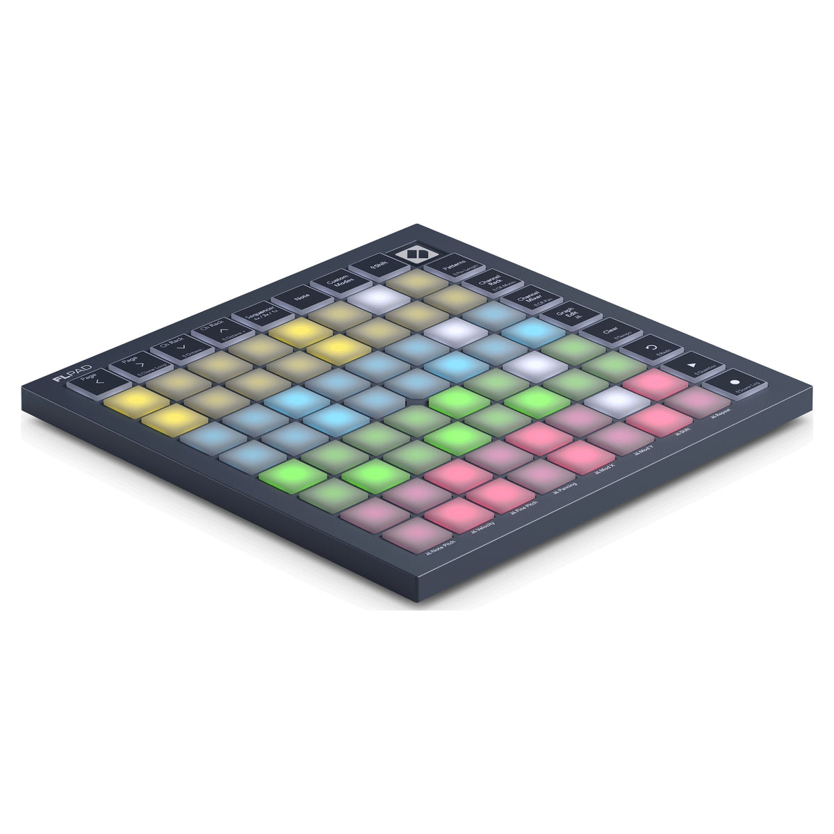 Novation FLpad Mini, 3/4 view with RGB pad grid lit