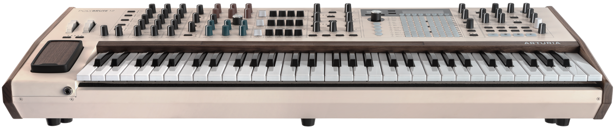 Arturia PolyBrute 12 synthesizer front view showing control panel with knobs and keys, highlighting its professional music production features.