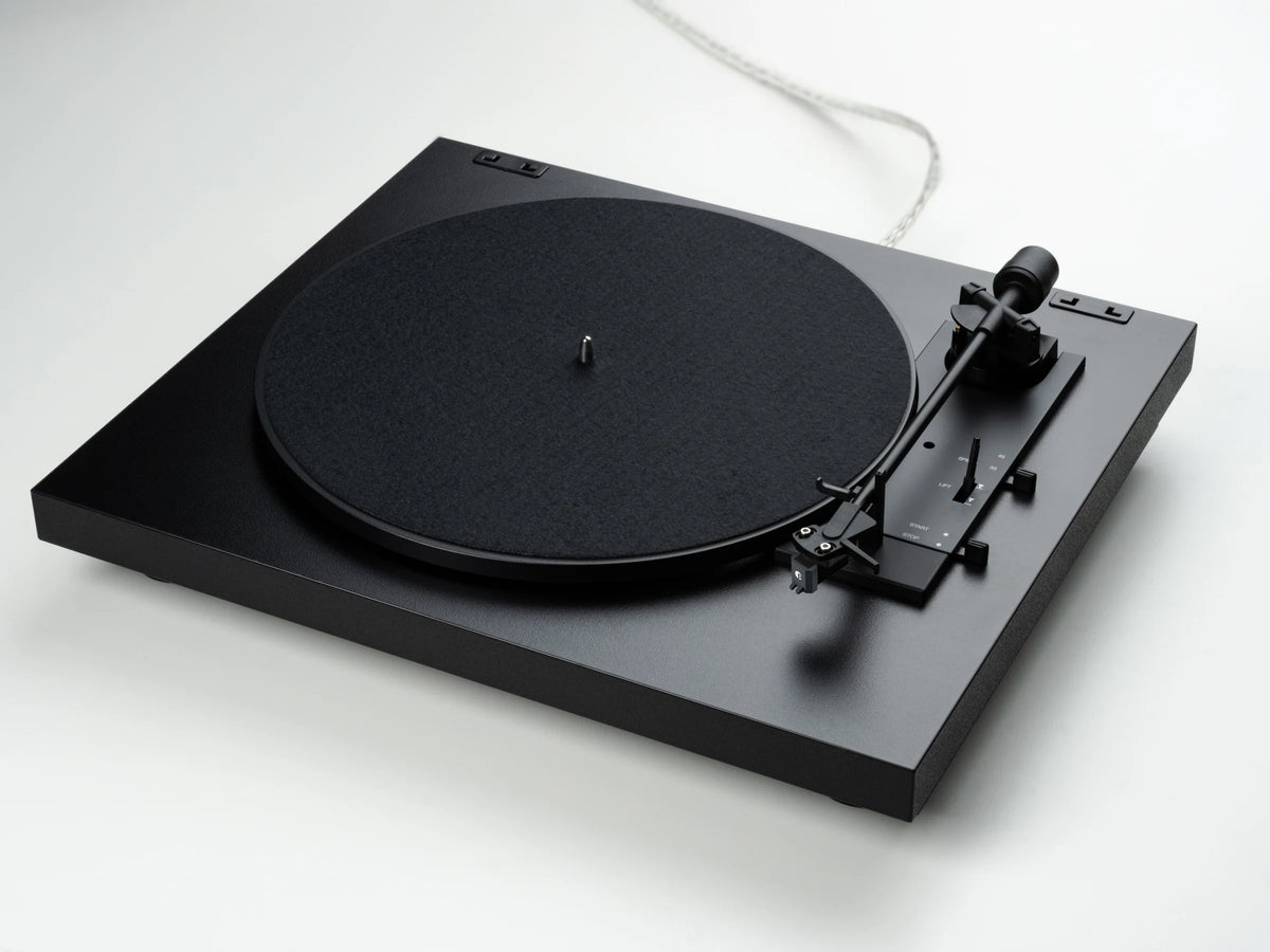 Pro-Ject Automat A1.2 turntable with diagonal felt mat, featuring sleek design and tonearm for high-quality vinyl playback.