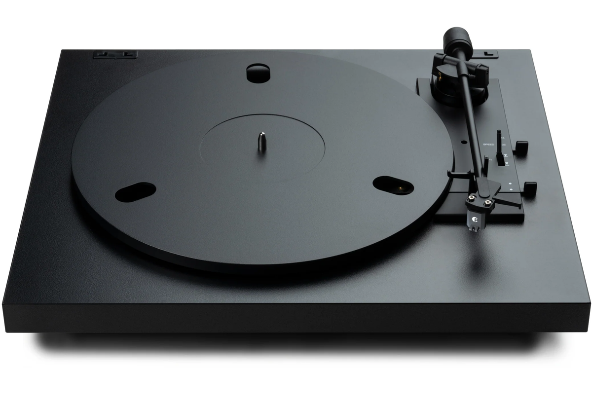 Pro-Ject Automat A1.2 turntable with sleek wooden finish and tonearm, showcasing its modern design and control buttons.