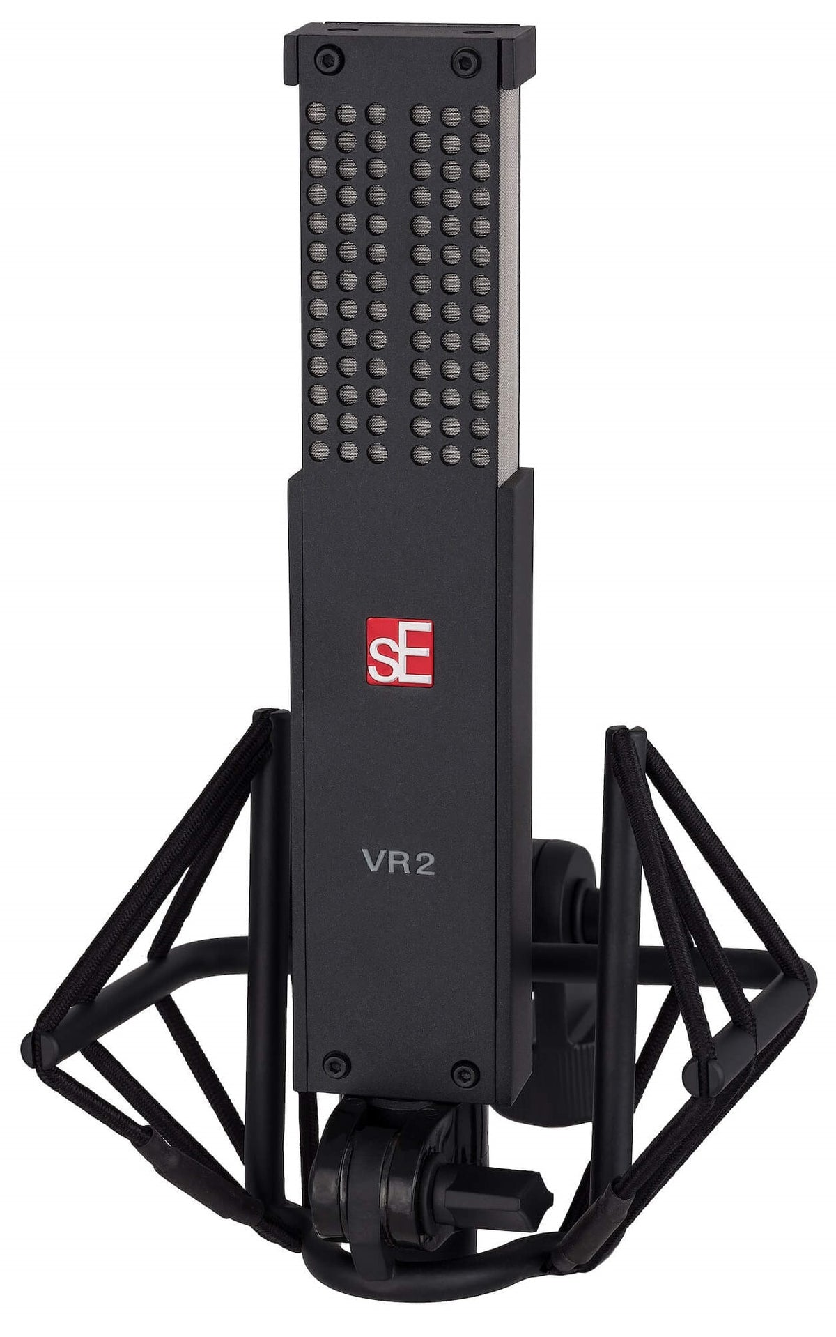 SE Electronics VR2 dynamic microphone with angle shock mount, shown from an angled perspective on a professional stand.
