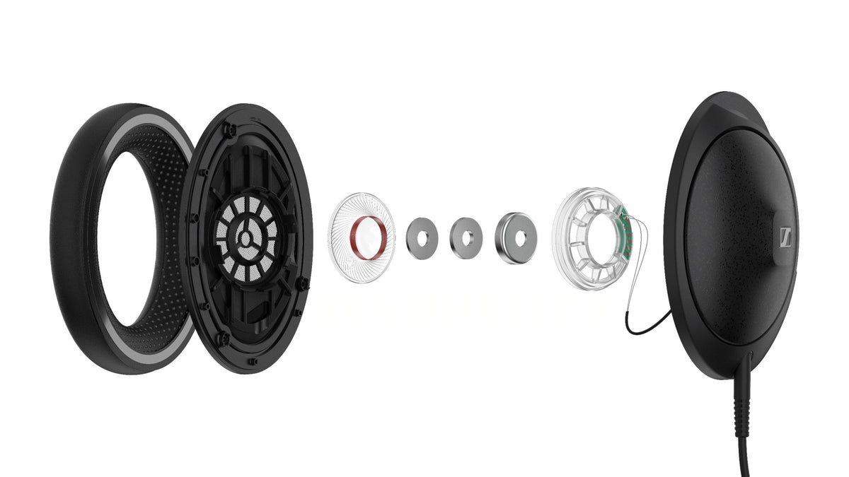 Exploded view of Sennheiser HD 620S headphones showing internal components and construction details.