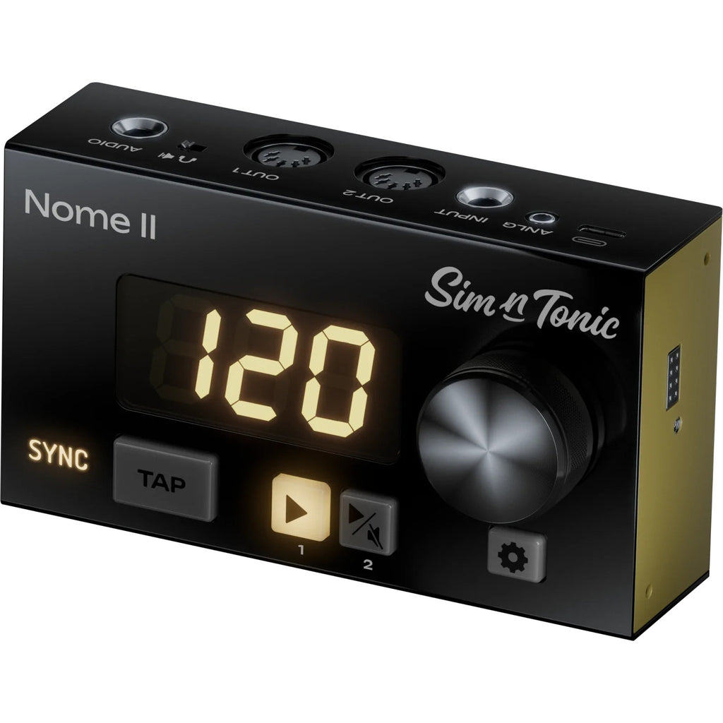 Sim'n Tonic Nome II MIDI interface showing front panel with input/output ports and control knobs for music production.
