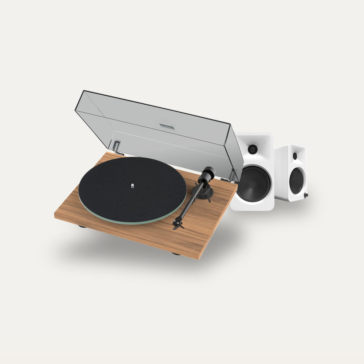 Pro-Ject T1 EVO + Kanto Audio Ora 4 Vinyl Setup – Turntable Finish Wooden Finish, Speaker Finish Matte White