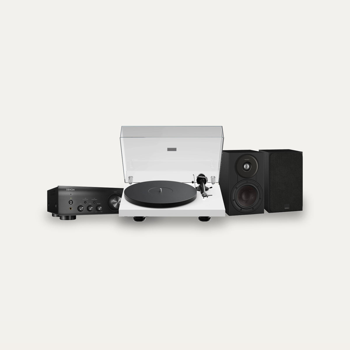 Pro-Ject Debut EVO 2 + Denon PMA-600NE + Dali Sonik 1 Vinyl Hi-Fi System – Turntable Finish Satin White, Speaker Finish Black Ash
