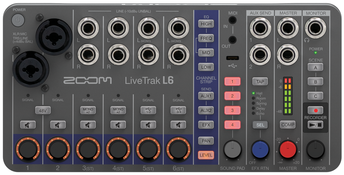 Zoom LiveTrak L-6 digital mixer, view 2